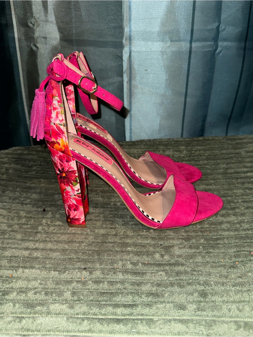 Betsey Johnson Hot Pink Floral Block Heel Sandals with Tassel Ankle Strap
